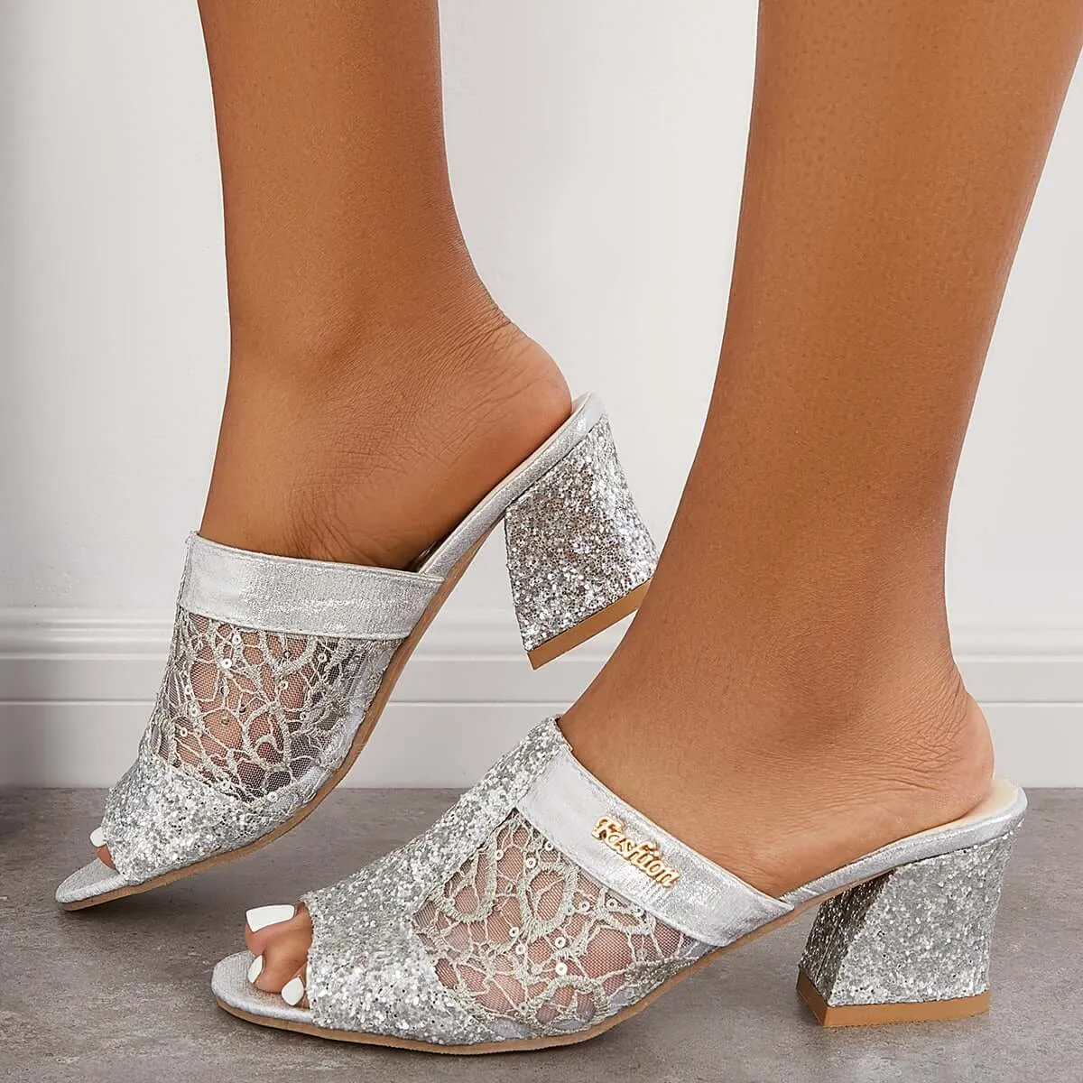 Sohiwoo Floral Embroidery Backless Mules Slip on Block Heel Sandals